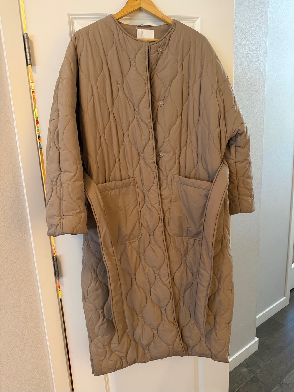 H&M Quilted Longline Puffer Coat in Taupe